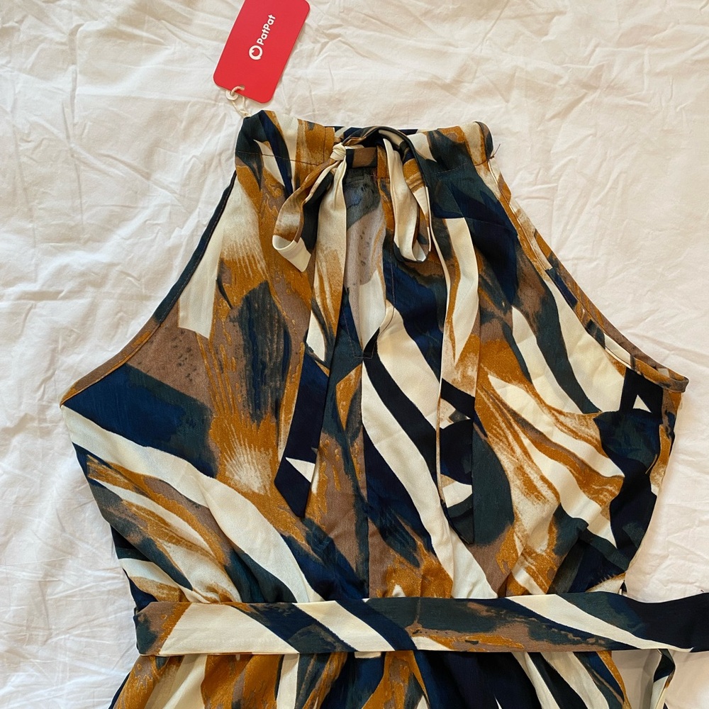 Patpat Allover Geo Print Halter Belted Midi Brown Women Dress - Picture 7 of 10